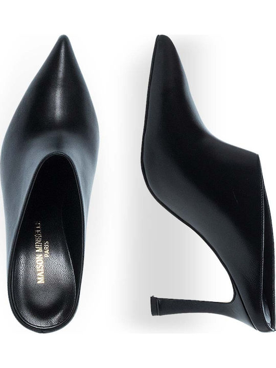 Leather Mules with Thin Heel in Black Colour