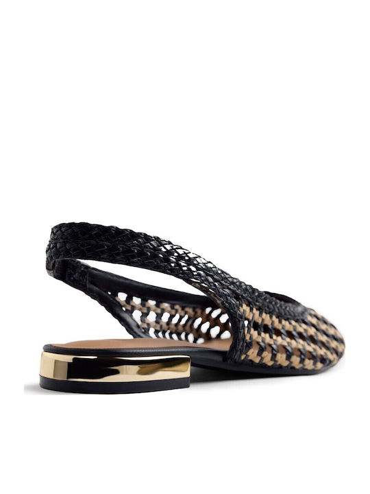 Δερμάτινες Γυναικείες Μπαλαρίνες Slingback με Λουράκι Black/Beige
