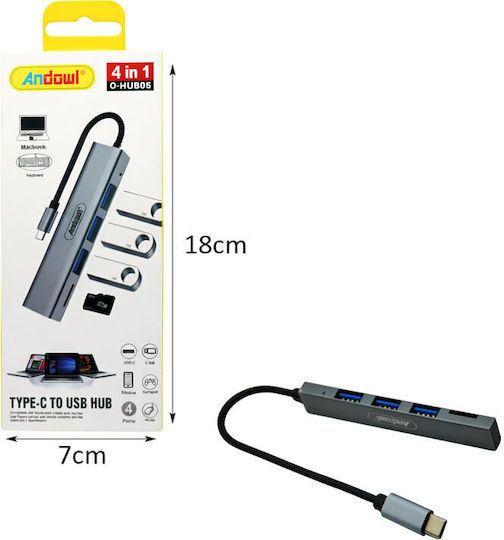 Andowl 3-Port USB 3.0 Hub with USB-C Connection Gray