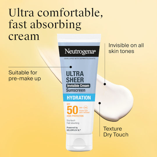 Neutrogena® Ultra Sheer Invisible Cream Hydration Αντηλιακή Κρέμα Προσώπου Με Δείκτη Προστασίας SPF50 για 24ωρη Ενυδάτωση 50ml