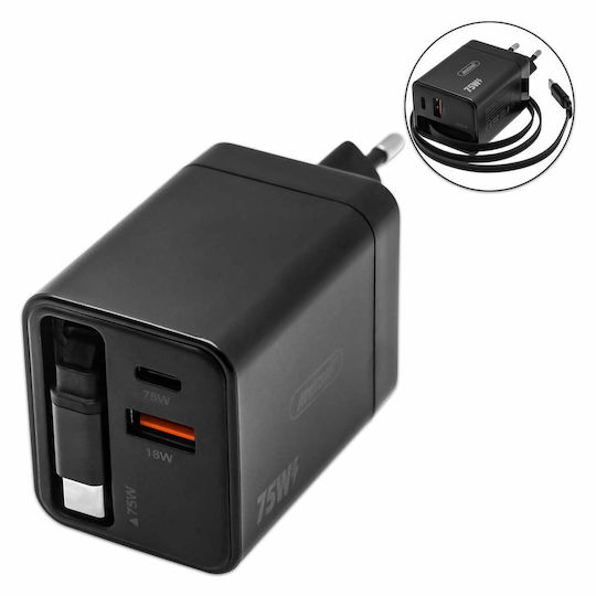 Andowl Charger with Built-in Cable with USB-A Port and USB-C Port USB-C 75W Power Delivery Blacks (Q-CD09)