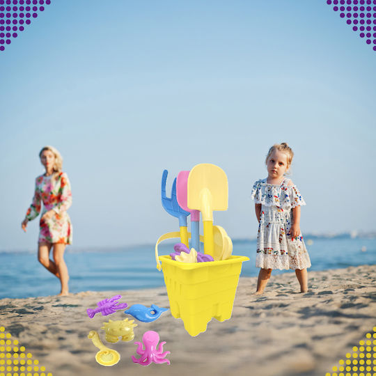 Set 9 Jucării De Plajă Zola Dispozitiv Galben Cu 5 Forme Lopată Greblă Spatulă Multicoloră