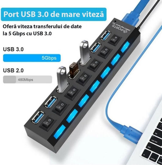 Hub USB 7 Porturi Huba55 1 X USB 3.0 6 X USB 2.0 Alimentare Indicator LED Comutator Independent PC Laptop Desktop Negru