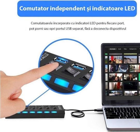 Hub USB 7 Porturi Huba55 1 X USB 3.0 6 X USB 2.0 Alimentare Indicator LED Comutator Independent PC Laptop Desktop Negru