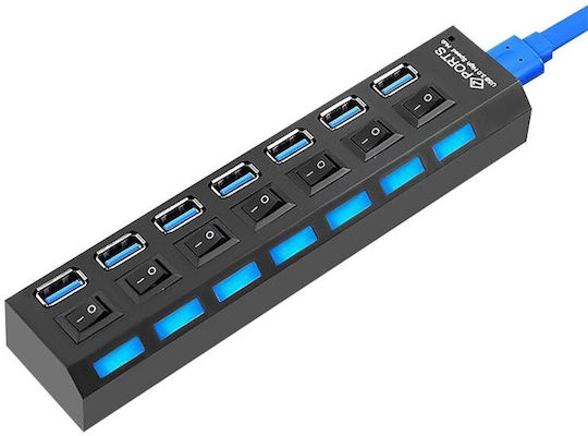 Hub USB 7 Porturi Huba55 1 X USB 3.0 6 X USB 2.0 Alimentare Indicator LED Comutator Independent PC Laptop Desktop Negru