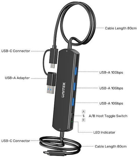 Unitek Hub USB-C 10Gbps Transfer Date 3 Porturi USB-A U1344a