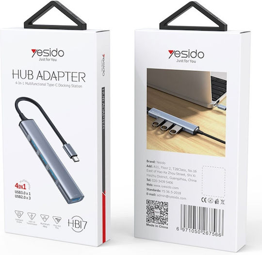 4in1 Docking Station Usb-C Zu 1x Usb 3.0 3x Usb 2.0 5gbps Aluminium Yesido Graue