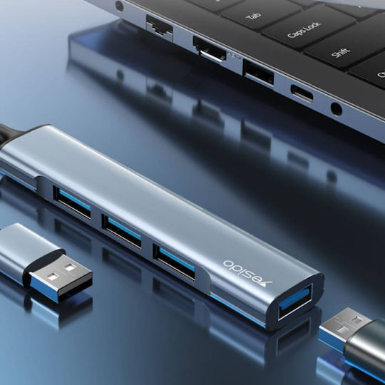 Usb Hub 4 In 1 Usb 3.0 To 1x Usb 3.0 3x Usb 2.0 Aluminum Yesido Gray