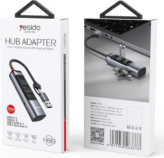 Stație de Andocare 4 în 1 Usb Type-c la 3x Usb 2.0 1x Usb 3.0 5gbps Aliaj de Aluminiu Yesido Gri