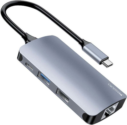 Docking Station Usb-c La Usb 3.0 Sd Tf Rj45 100mbps Pd 80w Aliaj De Aluminiu Yesido Gri