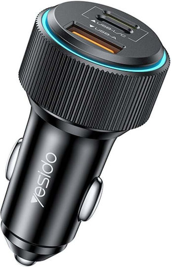 Yesido Încărcător Auto Cu Mufă De Brichetă 38W Încărcare Rapidă Cu Porturi 1xUSB-A 2xUSB-C Culoare Neagră