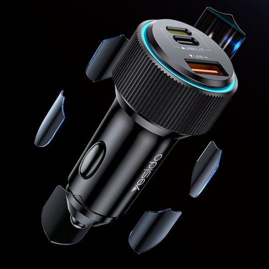 Yesido Încărcător Auto Cu Mufă De Brichetă 38W Încărcare Rapidă Cu Porturi 1xUSB-A 2xUSB-C Culoare Neagră