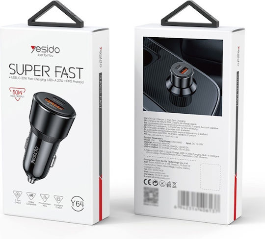 Yesido Încărcător Auto Cu Mufă De Brichetă 30W Încărcare Rapidă Cu Porturi 1xUSB-A 1xType-C Culoare Neagră