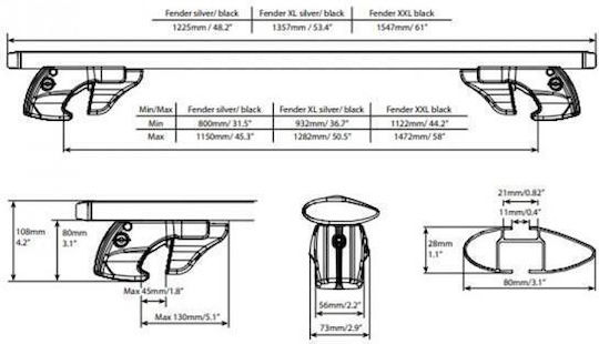 Menabo Complete Aluminum Car Roof Bars Fender XL 134 Cm Silver Standard Raised Rails Lock Safe Load Transport 2 Pieces 16140/mb Menabo 16140/mb