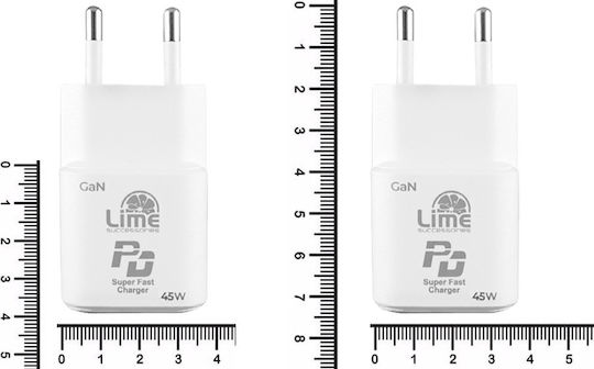 Lime Φορτιστής GaN με Θύρα USB-C και Καλώδιο USB-C - USB-C 45W Power Delivery / Quick Charge 3.0 Λευκός (Super Fast)