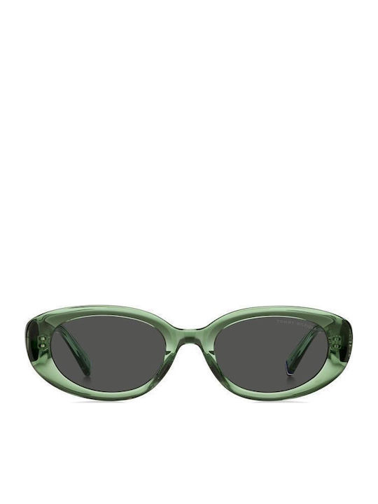 Tommy Hilfiger Women's Sunglasses with Green Horn-Rimmed Frame and Grey Lens
