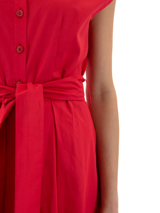 Summer Midi Shirt Dress Short Sleeve Red