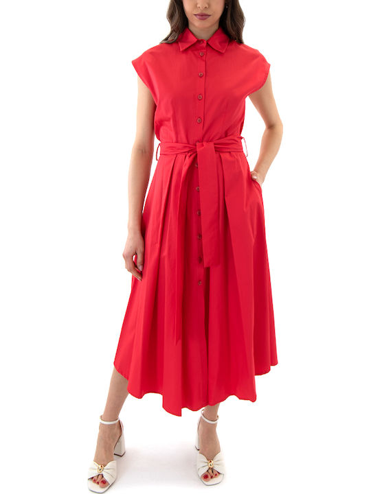 Summer Midi Shirt Dress Short Sleeve Red