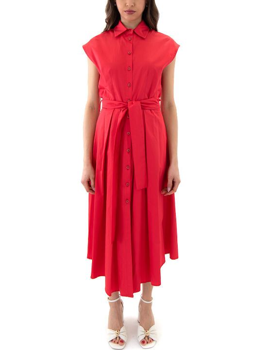 Summer Midi Shirt Dress Short Sleeve Red