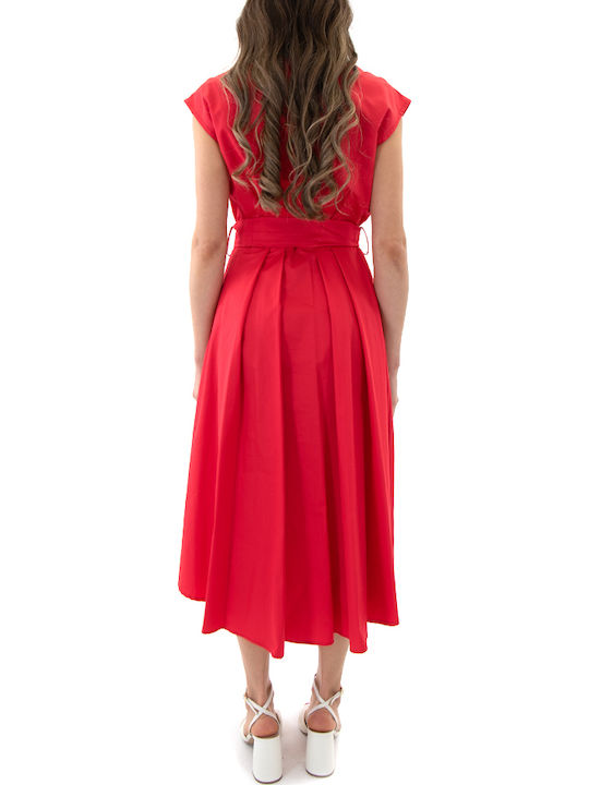 Summer Midi Shirt Dress Short Sleeve Red