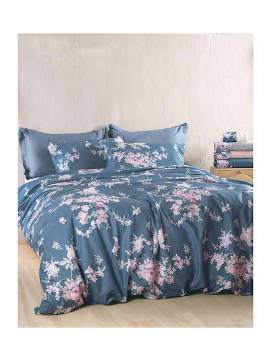 Rythmos Σετ Παπλωματοθήκη Βαμβακερή 160x250cm Μονή με Μαξιλαροθήκη Springtime Μπλε Σκουρο