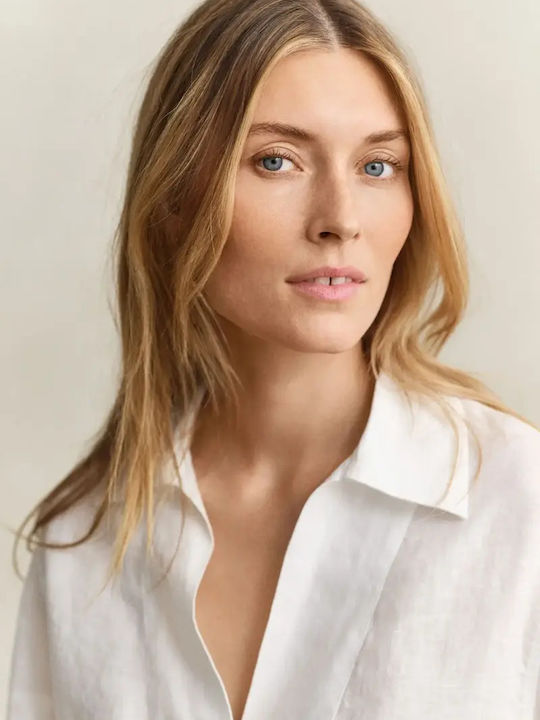 Summer Linen Tunic Short Sleeve with V-Neck White