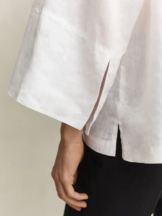 Summer Linen Tunic Short Sleeve with V-Neck White