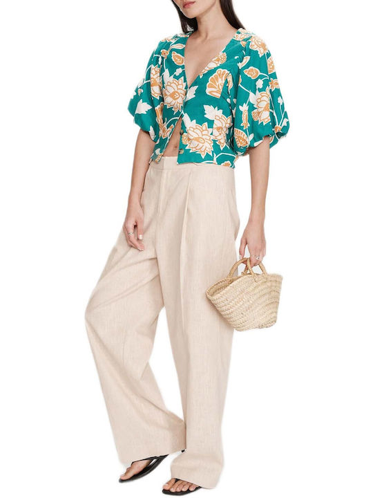 Women's Summer Linen Blouse with V-Neck Green