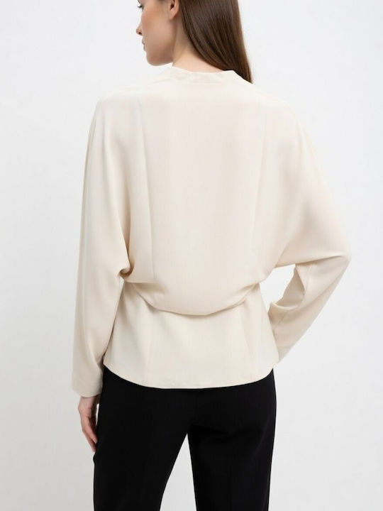 Women's Long Sleeve Blouse with V-Neckline Vanilla