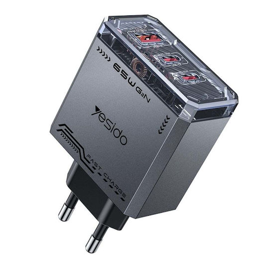 Yesido Încărcător cu Cablu Integrat GaN cu Port USB-A și 2 Porturi USB-C 65W Negru