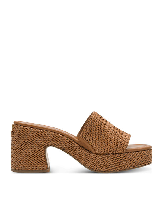 Leder Damen Pantoletten mit Chunky Hoch Absatz in Tabac Braun Farbe