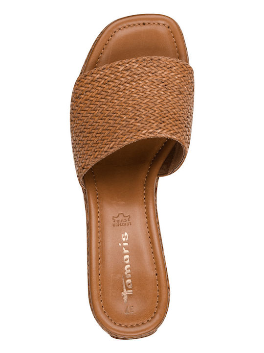Leder Damen Pantoletten mit Chunky Hoch Absatz in Tabac Braun Farbe