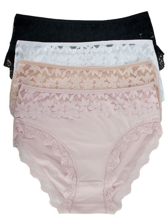 Slip Pentru Femei Talie Înaltă MultiPack Cu Dantelă Multicolore 4 Pack Plus Size
