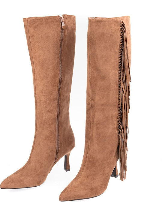 Suede Women's Boots with High Heel Brown
