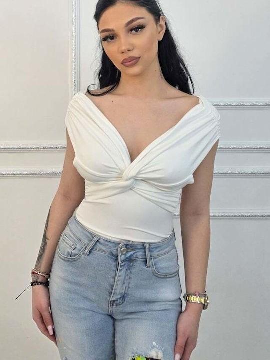 Elegant Regalis Bodysuit Shoulder Draping Fixed Knot White