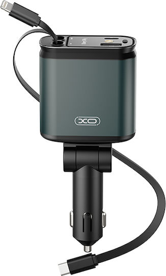 XO Car Charger 45W Fast Charging with Ports 1xUSB 1xType-C with Embedded Lightning Cable Green Colour