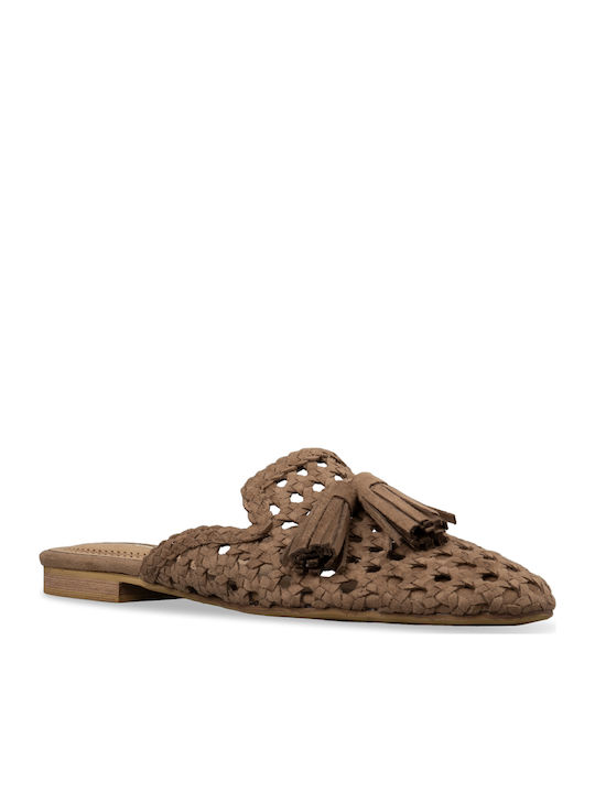Flat Suede Mules in Brown Colour
