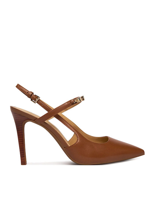 Leather Pointed Toe Heels with Strap & High Heel Brown
