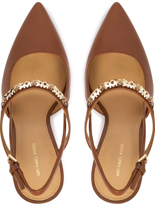 Leather Pointed Toe Heels with Strap & High Heel Brown
