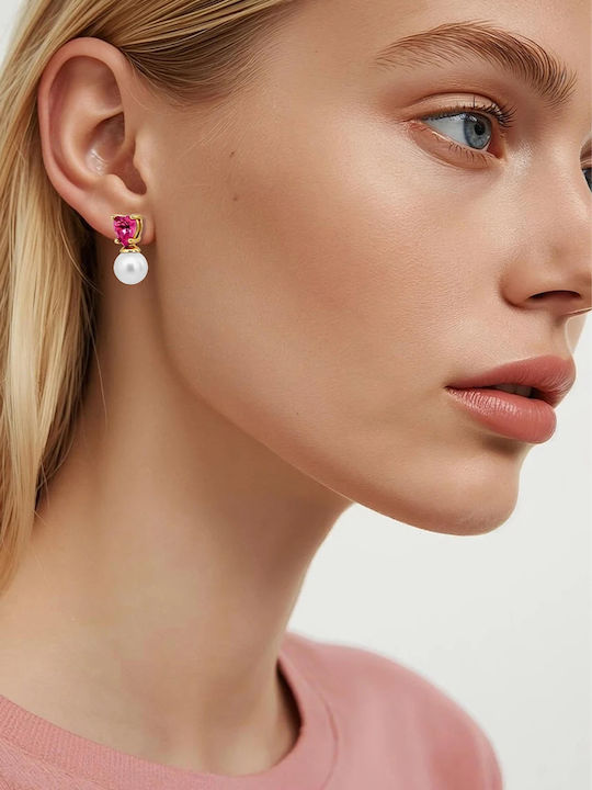 Dyrberg/Kern Gold Plated Steel Stud Earrings With Red Pearls