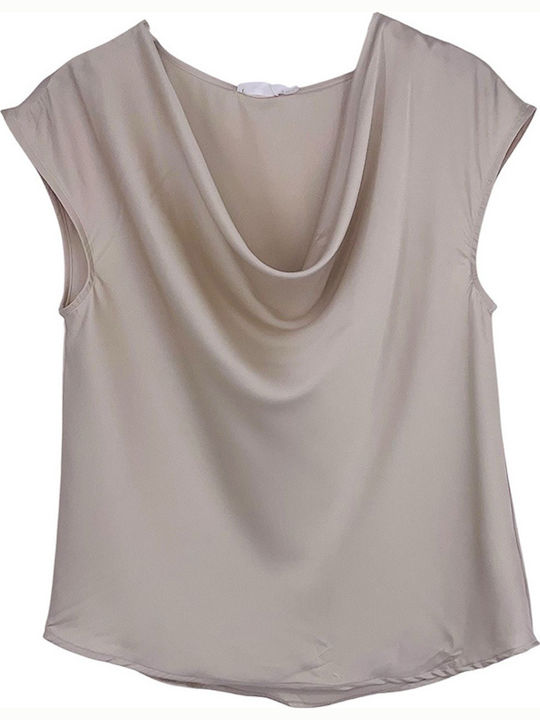 Women's Satin Sleeveless Drape Blouse Beige