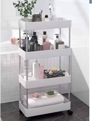 Floor Bathroom Shelf Metallic with 4 Shelves White