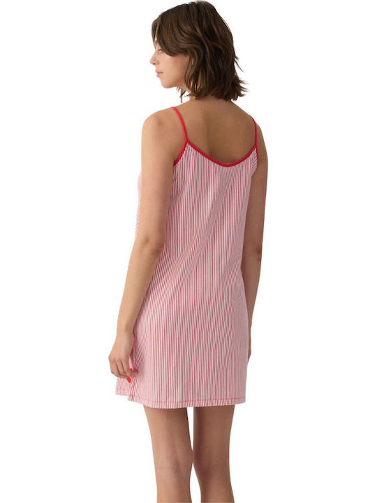 Minerva Summer Cotton Women's Nightgown Ecru-Red Stripes Stripes