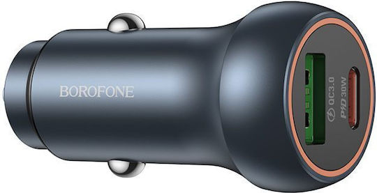 Borofone Autoladegerät 48W Schnellladen mit Anschlüssen: 1xUSB 1xType-C Graue Farbe