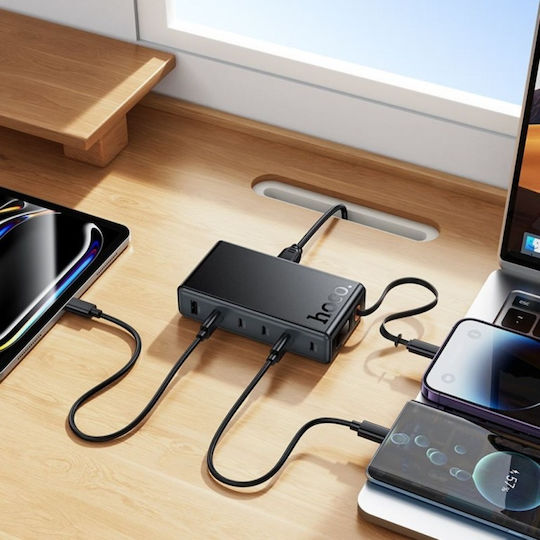 Hoco GaN с USB-A порт и 5 USB-C порта и кабел USB-C 50W Power Delivery / Quick Charge 3.0 Черен (C151A)