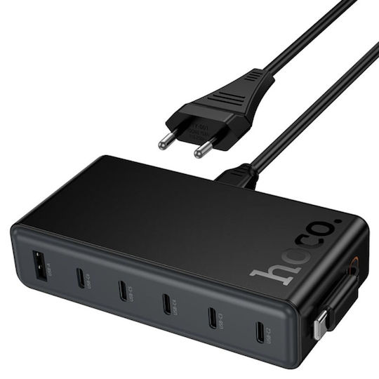 Hoco GaN с USB-A порт и 5 USB-C порта и кабел USB-C 50W Power Delivery / Quick Charge 3.0 Черен (C151A)