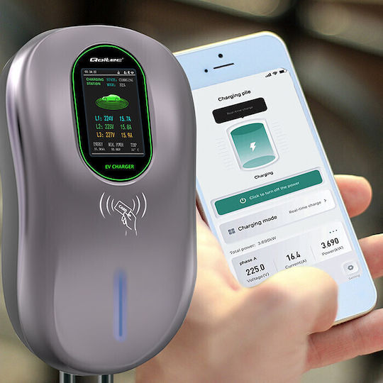 Qoltec Wall Mounted Three-Phase Electric Car Charger 22kW With Built-in Cable 5m Type 2 (52430)