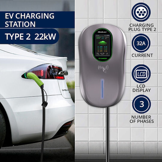 Qoltec Wall Mounted Three-Phase Electric Car Charger 22kW With Built-in Cable 5m Type 2 (52430)