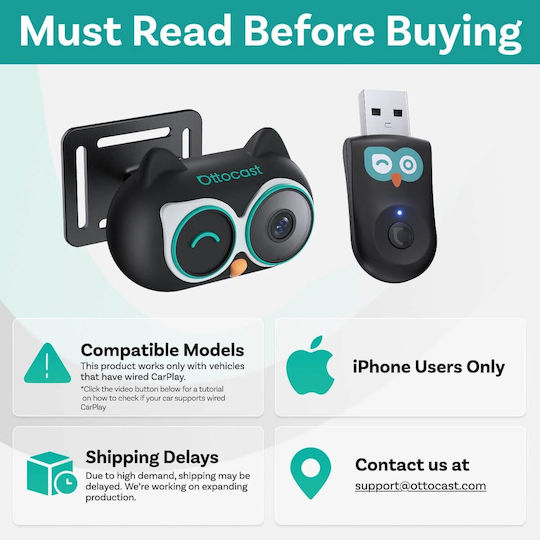 Ottocast Adaptor Multimedia Wireless 2-în-1 Carplay Android Auto Monitor Video Pentru Bebeluși 1080p Plug Play Negru