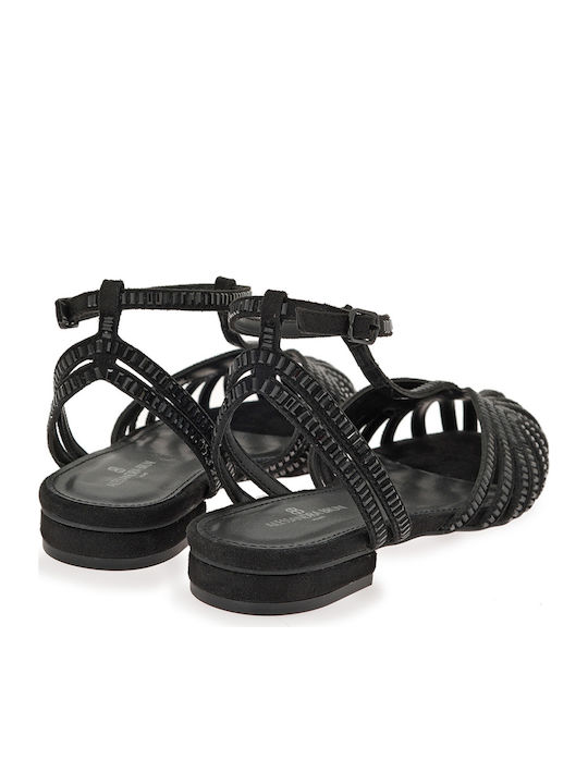 Women's Flat Sandals Black W47008311A93-BLACK D240G-06 Fab With Black Stones